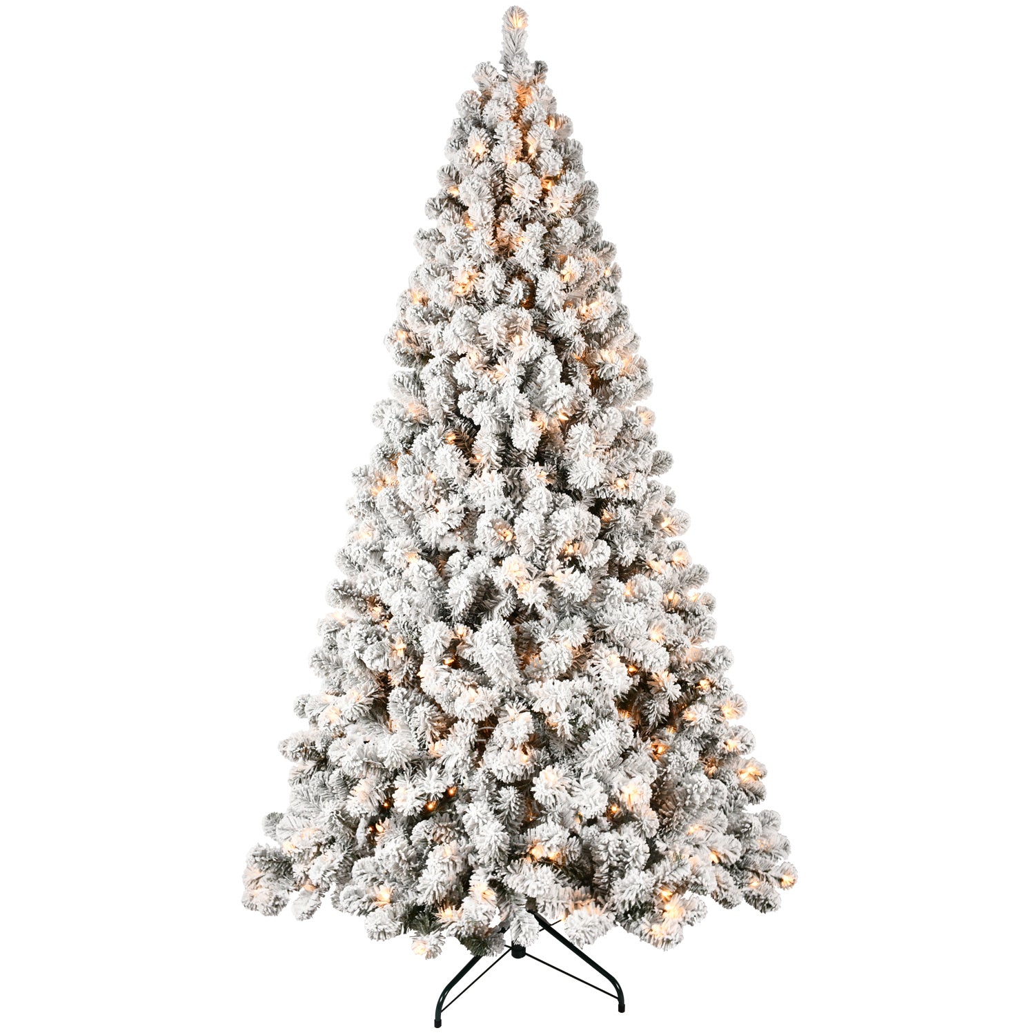 Snow Flocked Christmas Tree With Warm Lights, Flame Retardant & Easy Assembled Metal Base