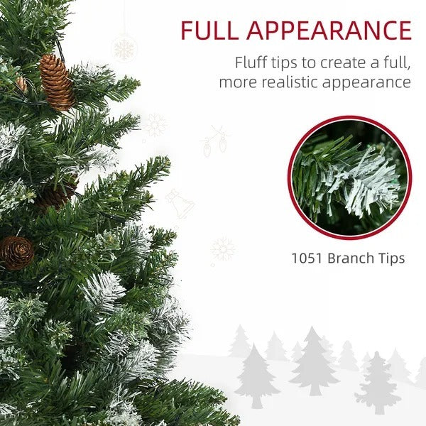 7.5’ Decorated Skinny Prelit Christmas Tree With Snow-dipped Branches, Auto Open & Pinecones