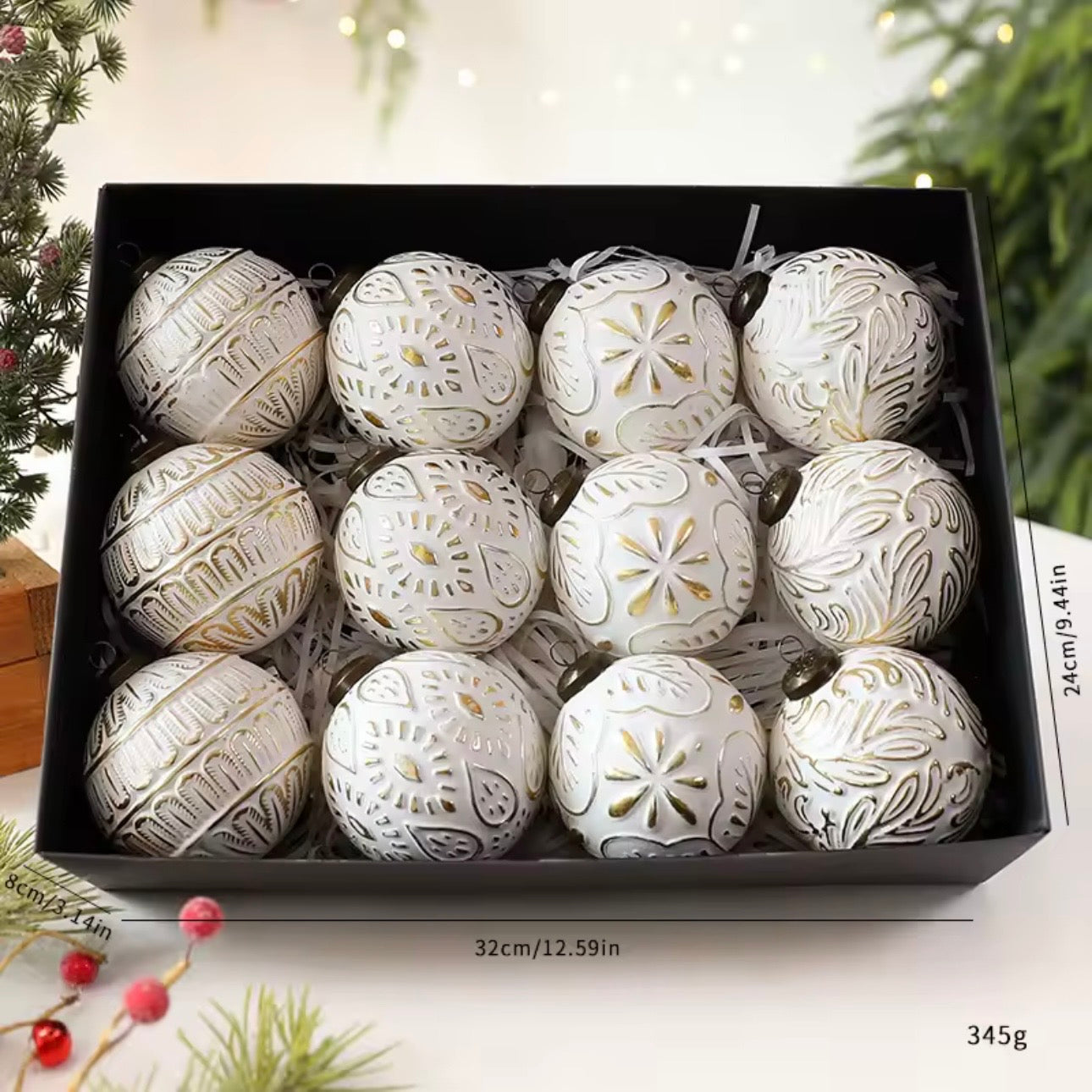 12-Pack: Elegant White & Gold Embossed Designer Christmas Baubles