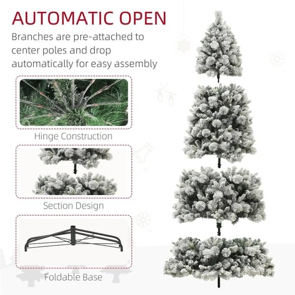 9’ Snow Flocked Christmas Tree With Clear Lights, Flame Retardant & Easy Assembled Steel Base