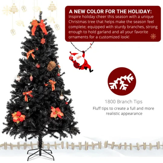 7’ Black Christmas Tree With Auto Open, Flame Retardant And Easy Assembled Steel Base