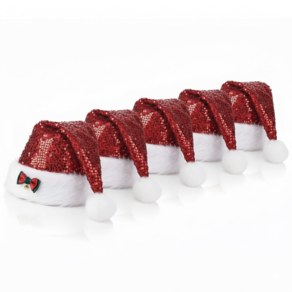 Red Paillette Bowknot & Jingle Deluxe Sequin Santa Hat Set