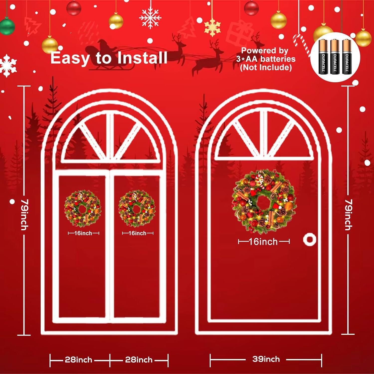 Festive Pinecone & Candy Cane Wreath with LED Lights)