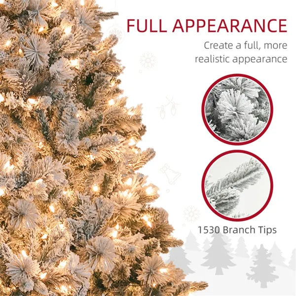 7.5’ Snow Flocked Christmas Tree With Clear Lights, Flame Retardant & Easy Assembled Steel Base