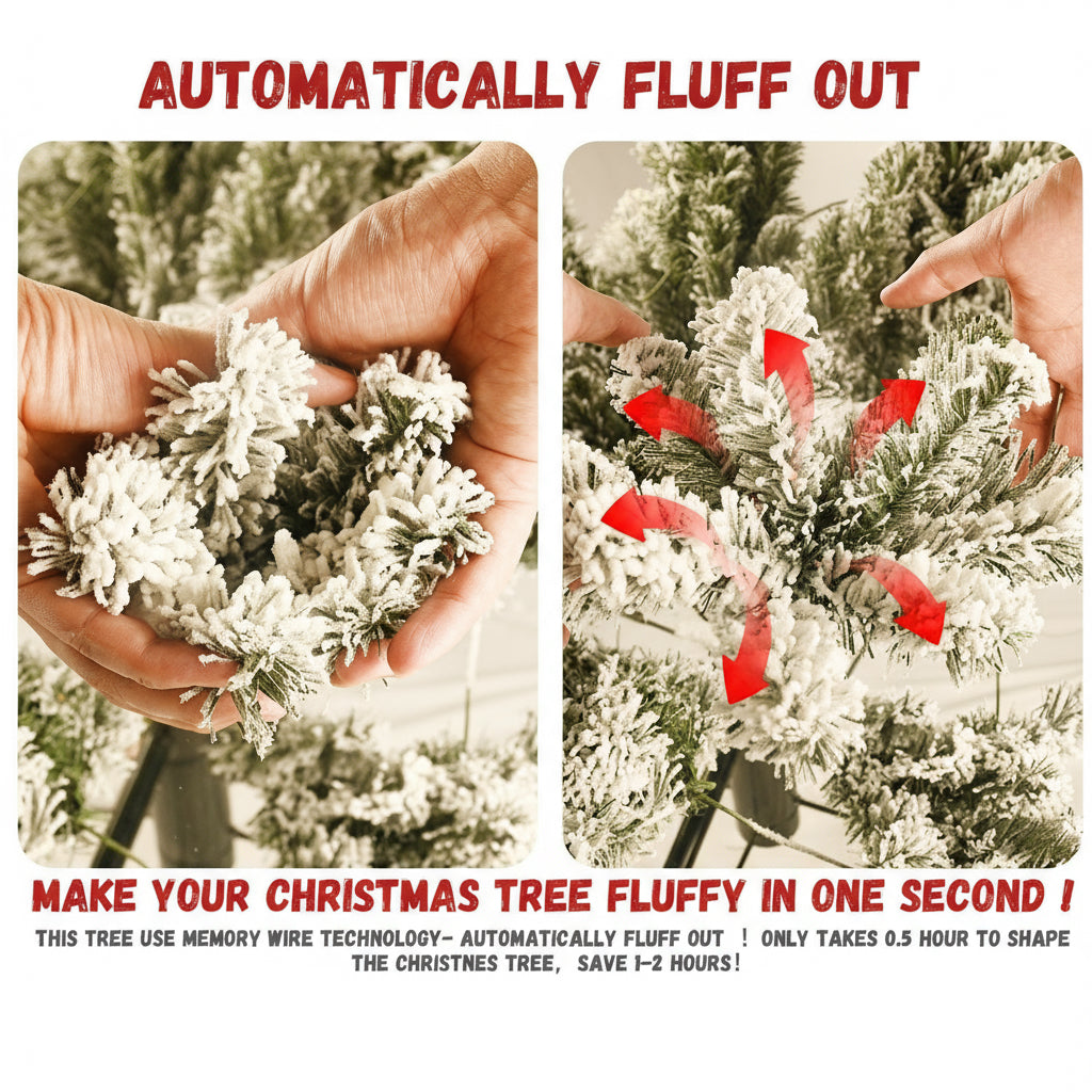 Snow Flocked Christmas Tree With Warm Lights, Flame Retardant & Easy Assembled Metal Base