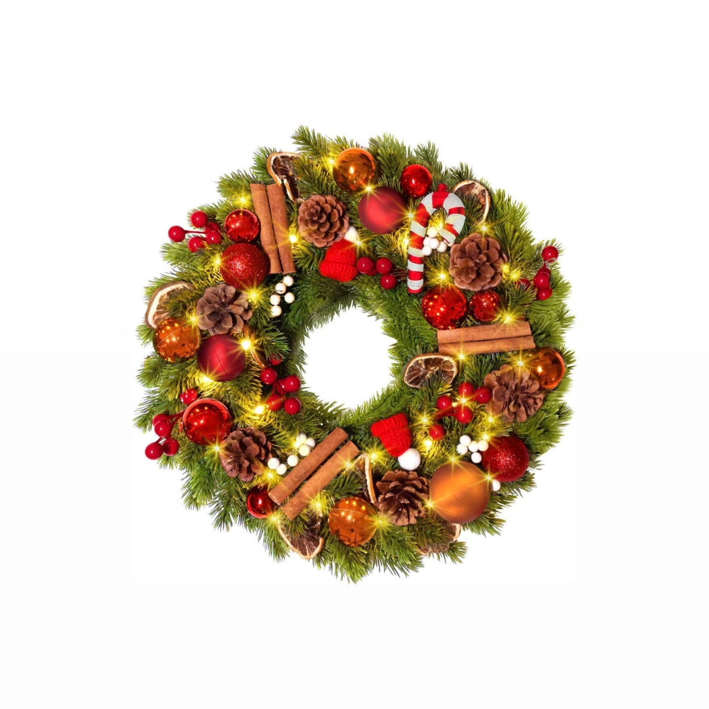 Festive Pinecone & Candy Cane Wreath with LED Lights)