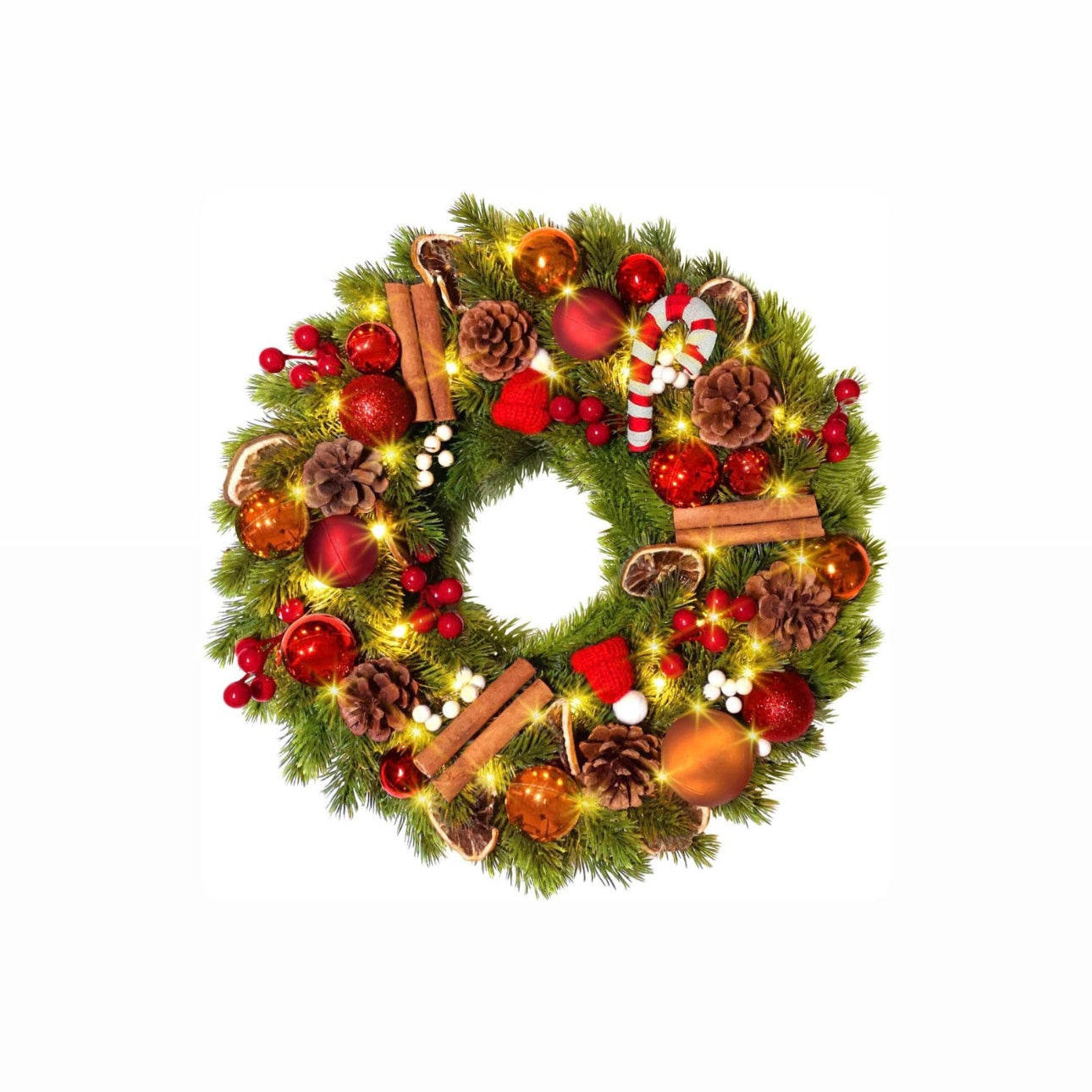 Festive Pinecone & Candy Cane Wreath with LED Lights)