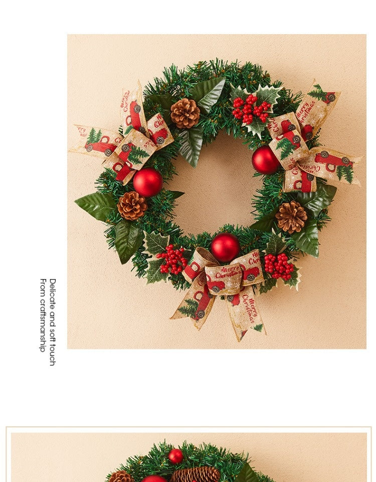 Traditional Red & Green Christmas Wreath with Reindeer and Ornaments (Free Hook)