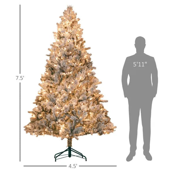 7.5’ Snow Flocked Christmas Tree With Clear Lights, Flame Retardant & Easy Assembled Steel Base