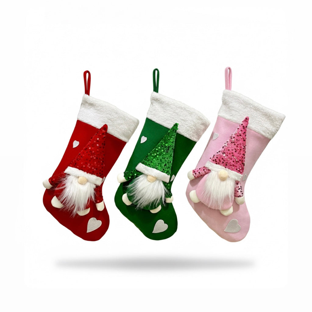 Sequin Sparkle Gnome Heart Christmas Stockings