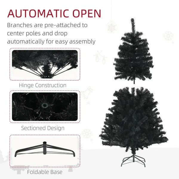 5’ Black Christmas Tree With Auto Open, Flame Retardant And Easy Assembled Steel Base