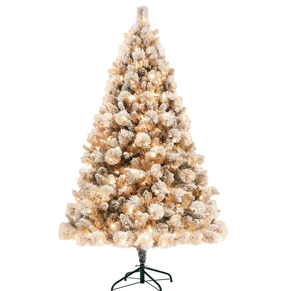 6.5’ Snow Flocked Christmas Tree With Clear Lights, Flame Retardant & Easy Assembled Steel Base
