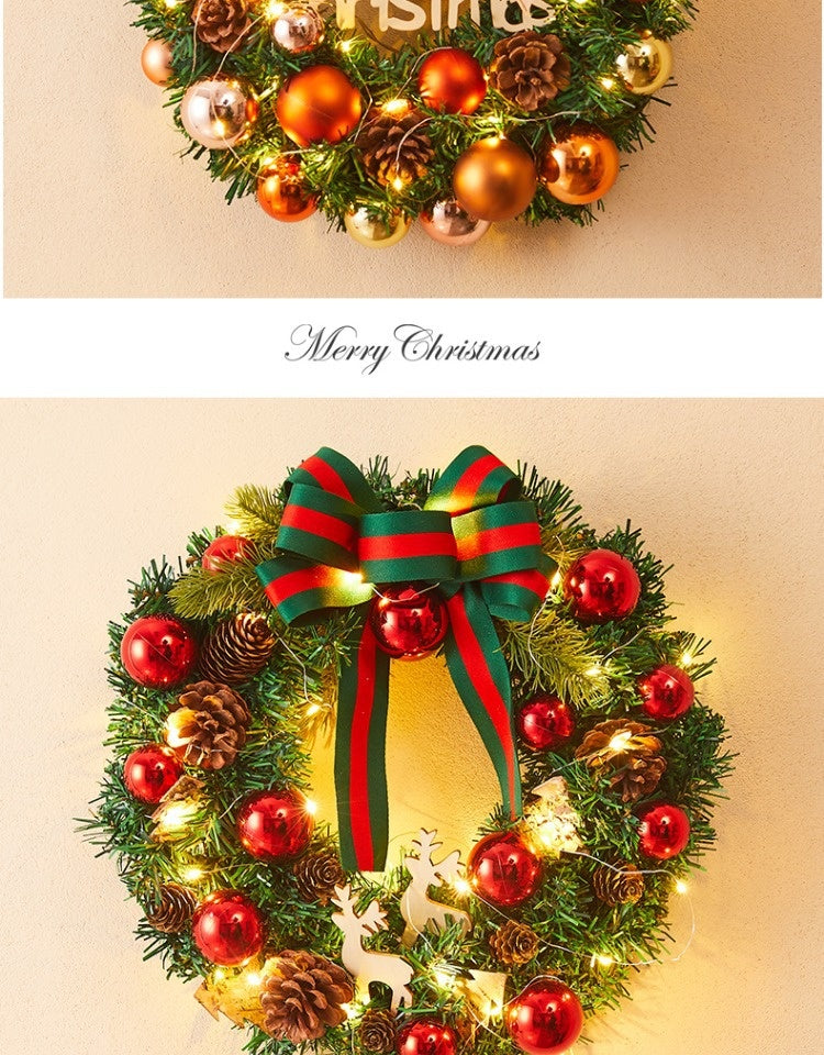 Traditional Red & Green Christmas Wreath with Reindeer and Ornaments (Free Hook)