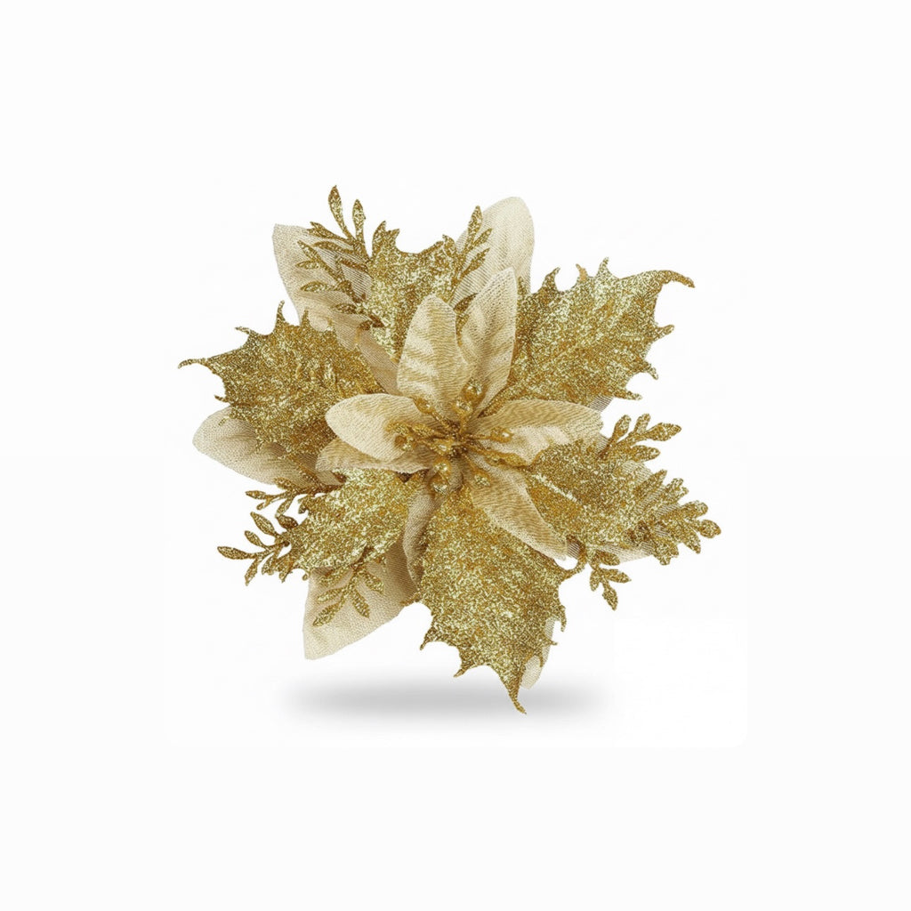"Glimmering Gold" Luxe Glitter Poinsettia Floral Picks (Set of 10)