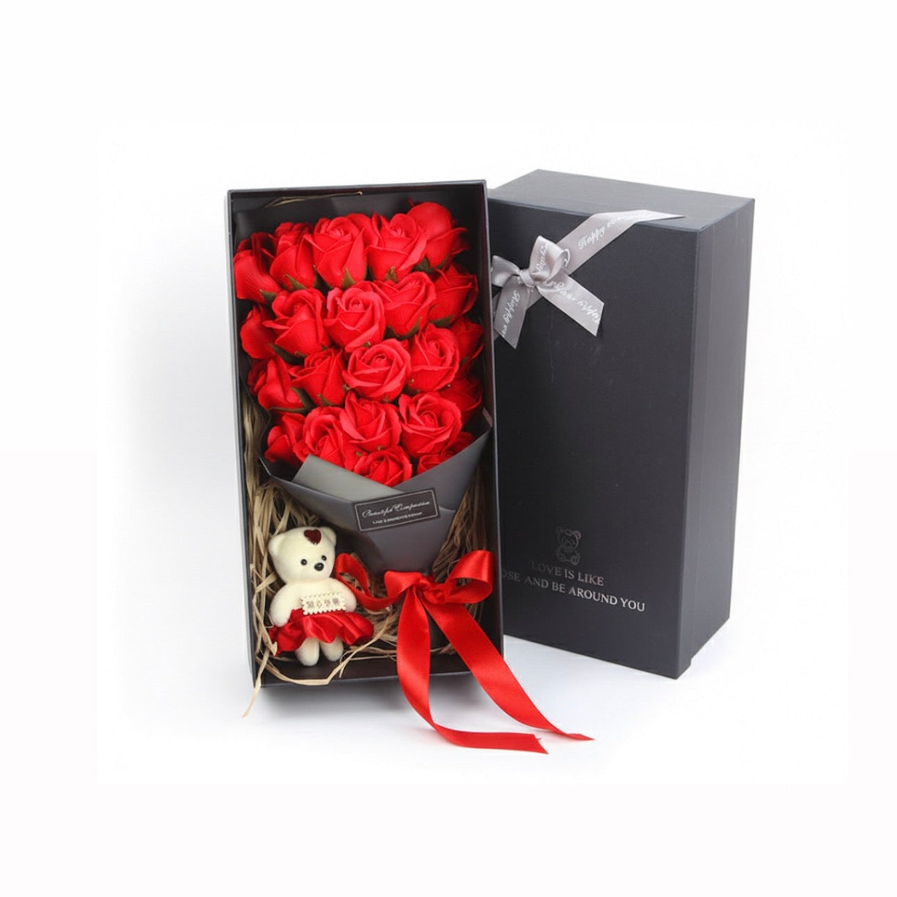 Timeless Romance Rose Soap Flower Gift Box & Bear Gift Set