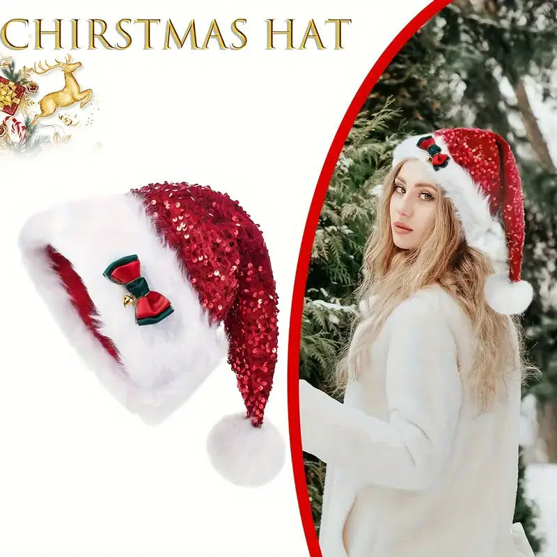 Red Paillette Bowknot & Jingle Deluxe Sequin Santa Hat Set