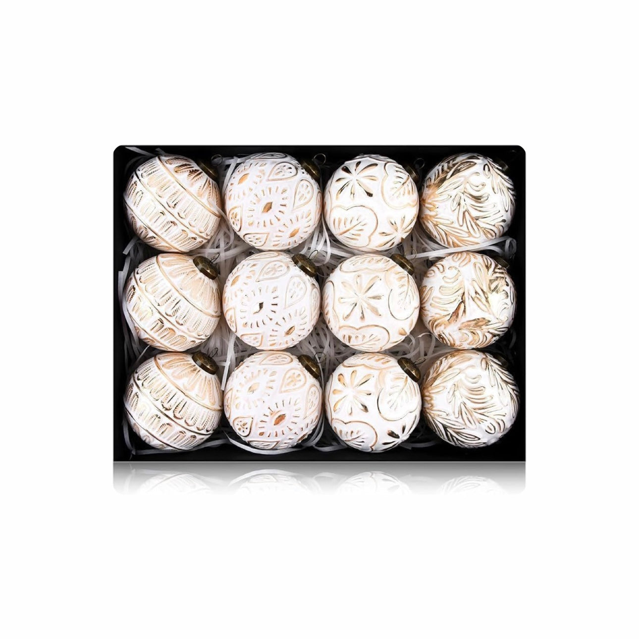 12-Pack: Elegant White & Gold Embossed Designer Christmas Baubles