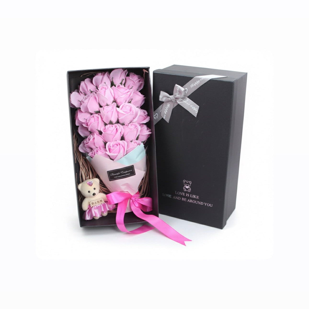 Timeless Romance Rose Soap Flower Gift Box & Bear Gift Set