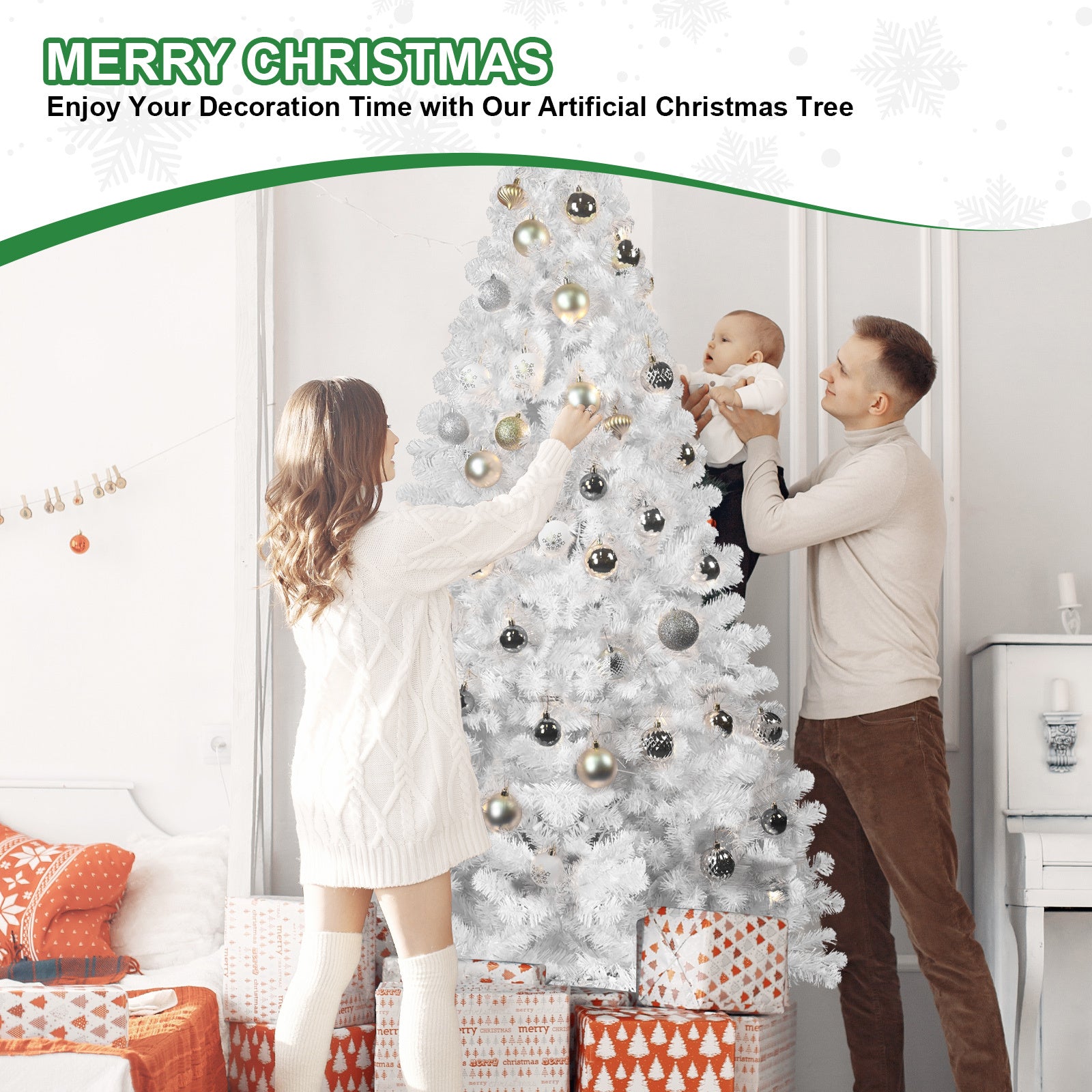 5’ White Christmas Tree With Auto Open, Flame Retardant And Easy Assembled Metal Base