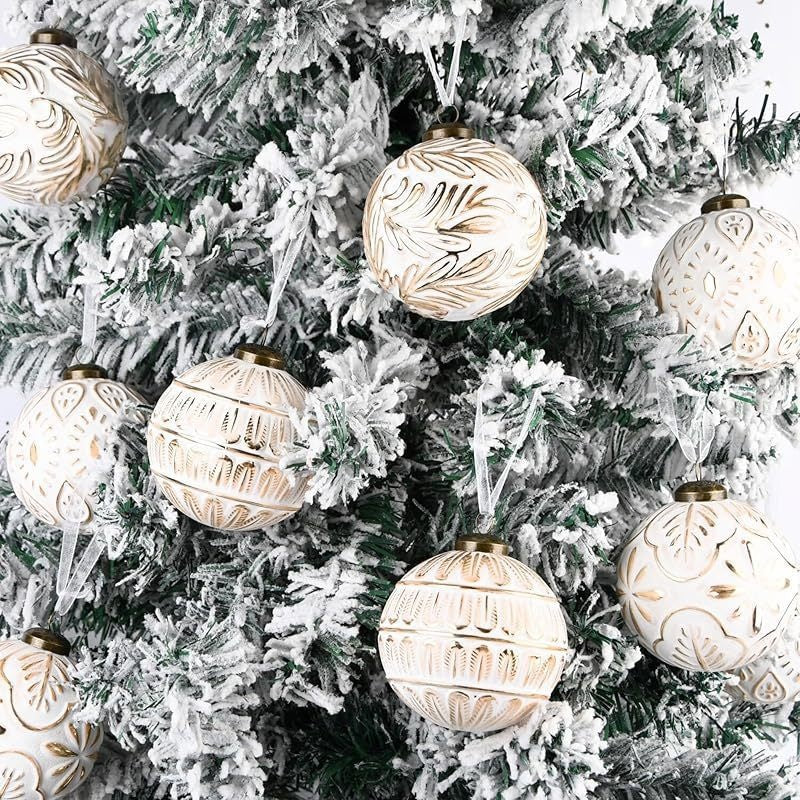 12-Pack: Elegant White & Gold Embossed Designer Christmas Baubles