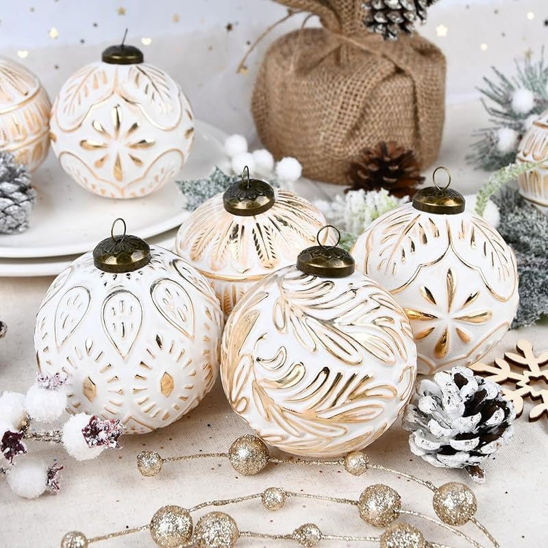 12-Pack: Elegant White & Gold Embossed Designer Christmas Baubles