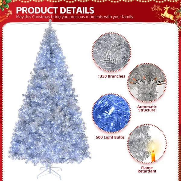 8’ Silver Christmas Tree With Clear Lights, Flame Retardant & Easy Assembled Steel Base