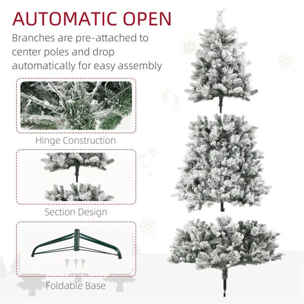 7.5’ Snow Flocked Christmas Tree With Clear Lights, Flame Retardant & Easy Assembled Steel Base