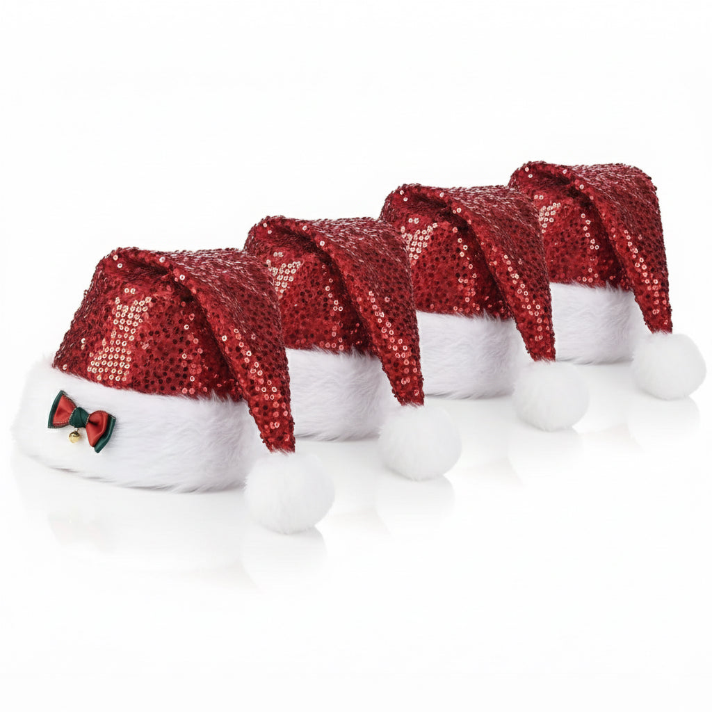 Red Paillette Bowknot & Jingle Deluxe Sequin Santa Hat Set