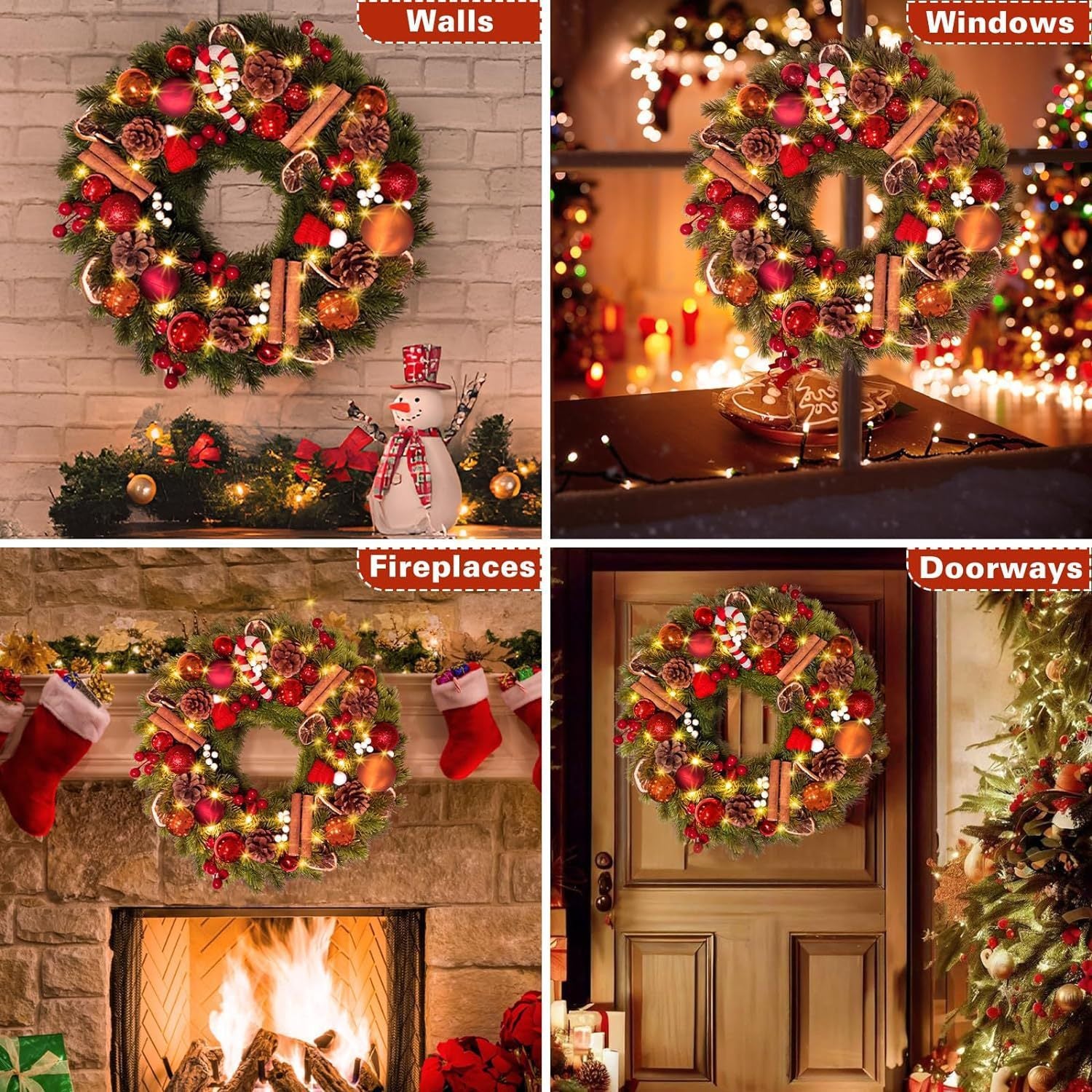 Festive Pinecone & Candy Cane Wreath with LED Lights)