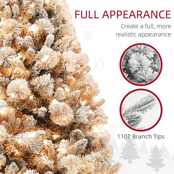 6.5’ Snow Flocked Christmas Tree With Clear Lights, Flame Retardant & Easy Assembled Steel Base