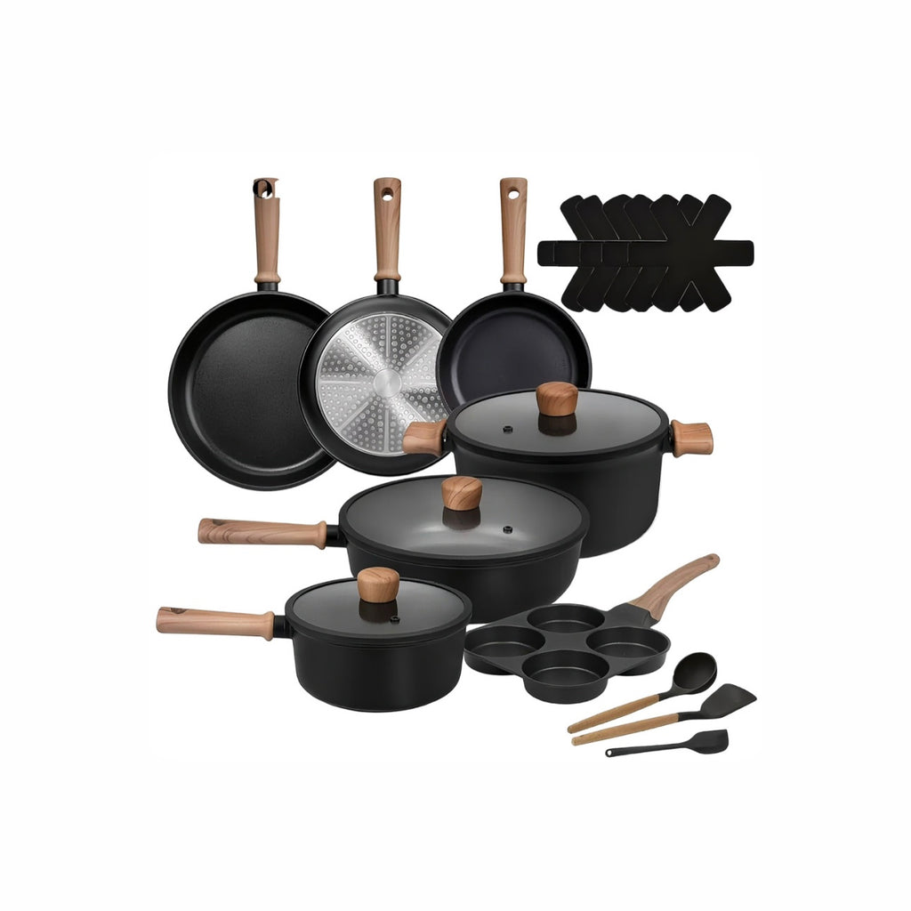 ZenithGuard 12-Piece Non-Stick Cookware Set with Wood-Look Handles