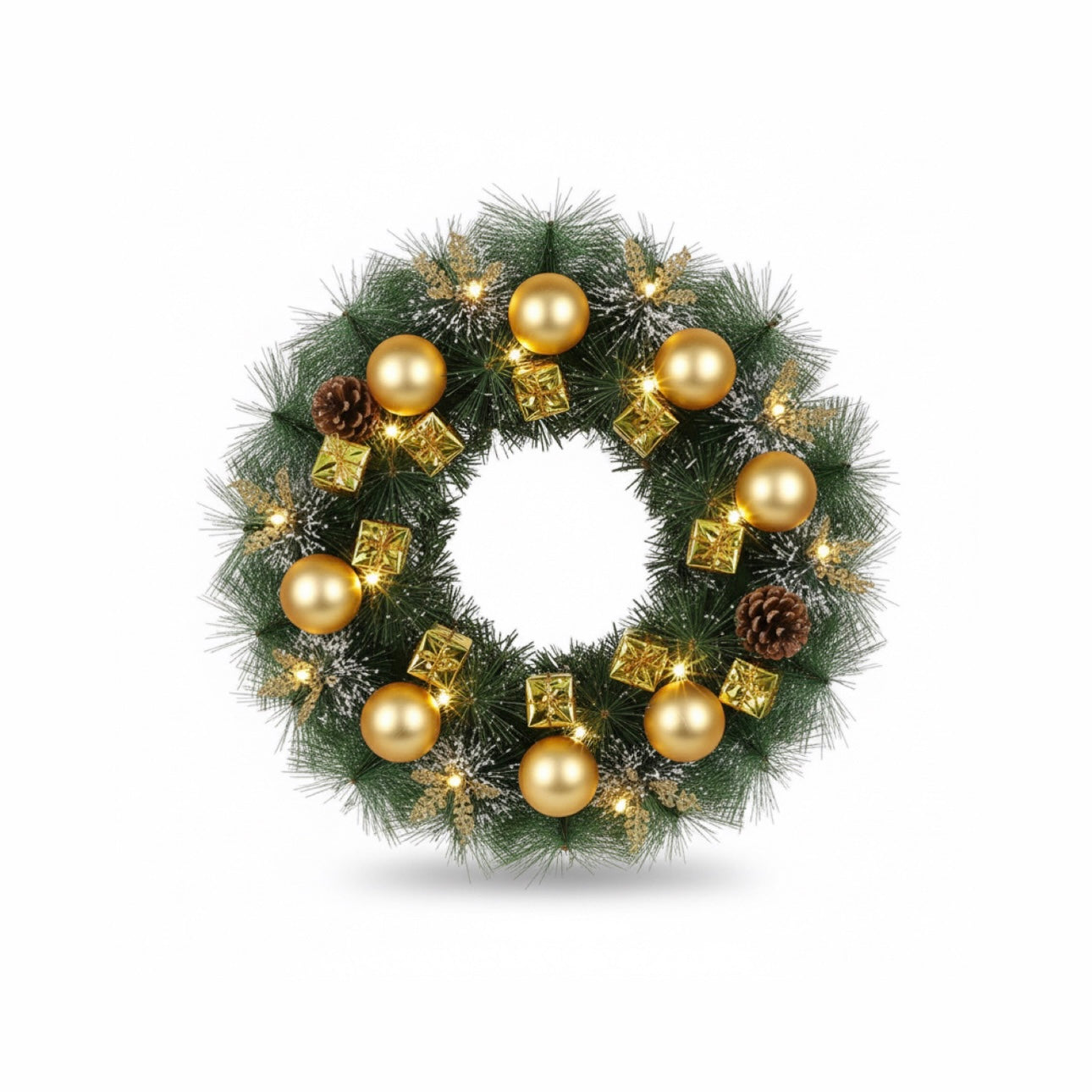 Pre-Lit Christmas Wreath with Metallic Ornaments & Gifts