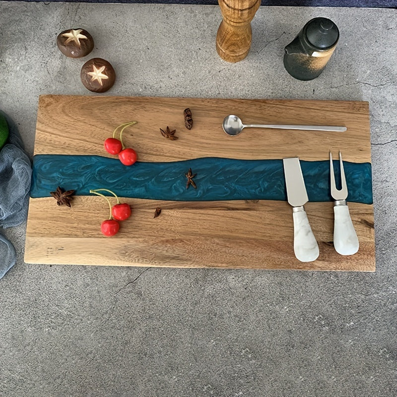 “River Flow" Epoxy Resin & Wood Serving Board (Teal/Ocean Blue)