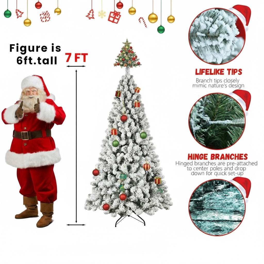 Snow Flocked Christmas Tree With Warm Lights, Flame Retardant & Easy Assembled Metal Base