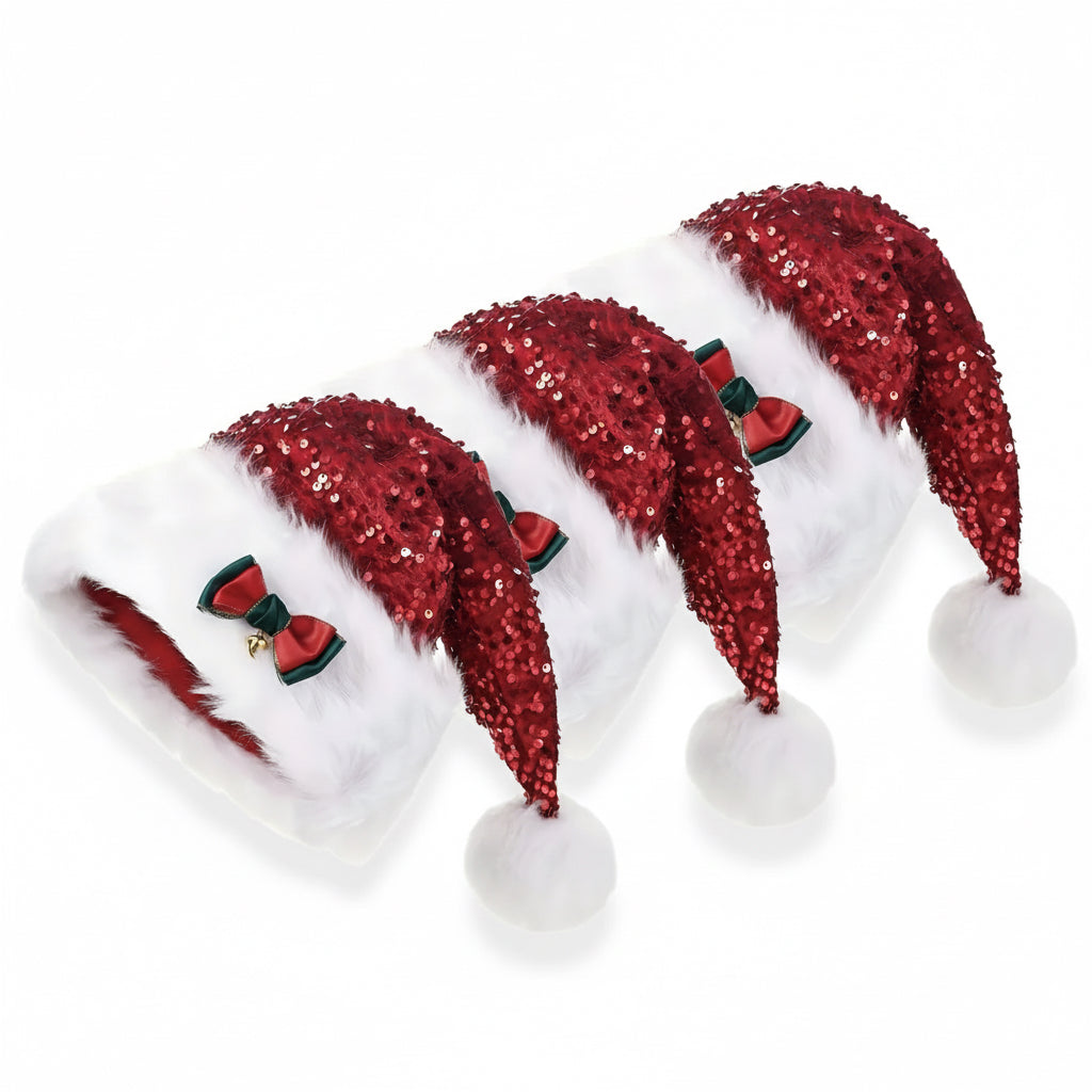 Red Paillette Bowknot & Jingle Deluxe Sequin Santa Hat Set