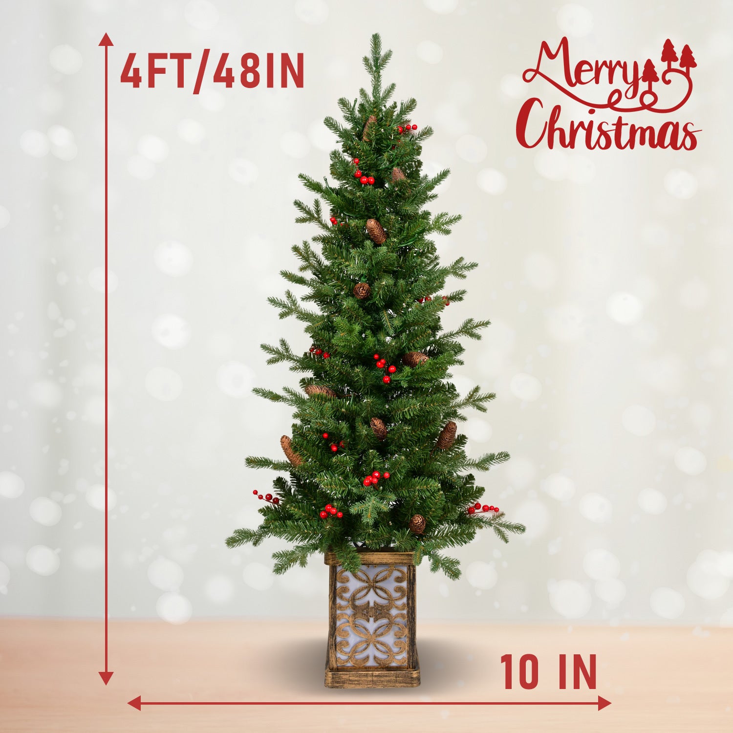 4’ Small Slim Porch Christmas Tree With Clear Lights, Flame Retardant & Easy Assembled Steel Base