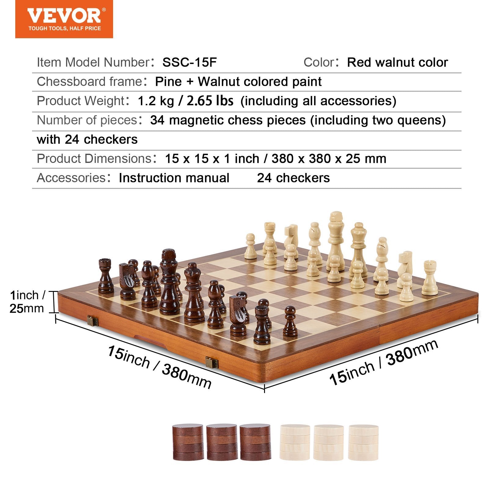 VEVOR Magnetic Deluxe Wooden 2-in-1 Set: Chess & Checkers