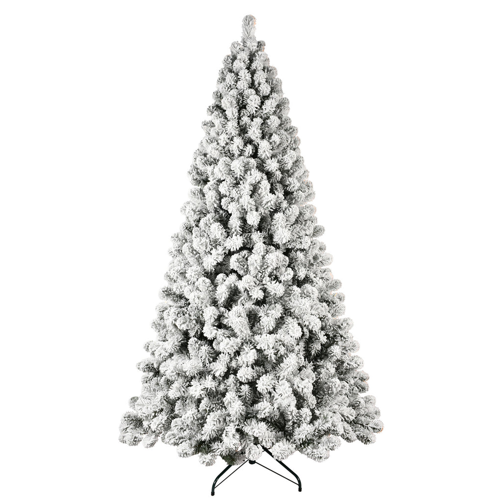Snow Flocked Christmas Tree With Warm Lights, Flame Retardant & Easy Assembled Metal Base