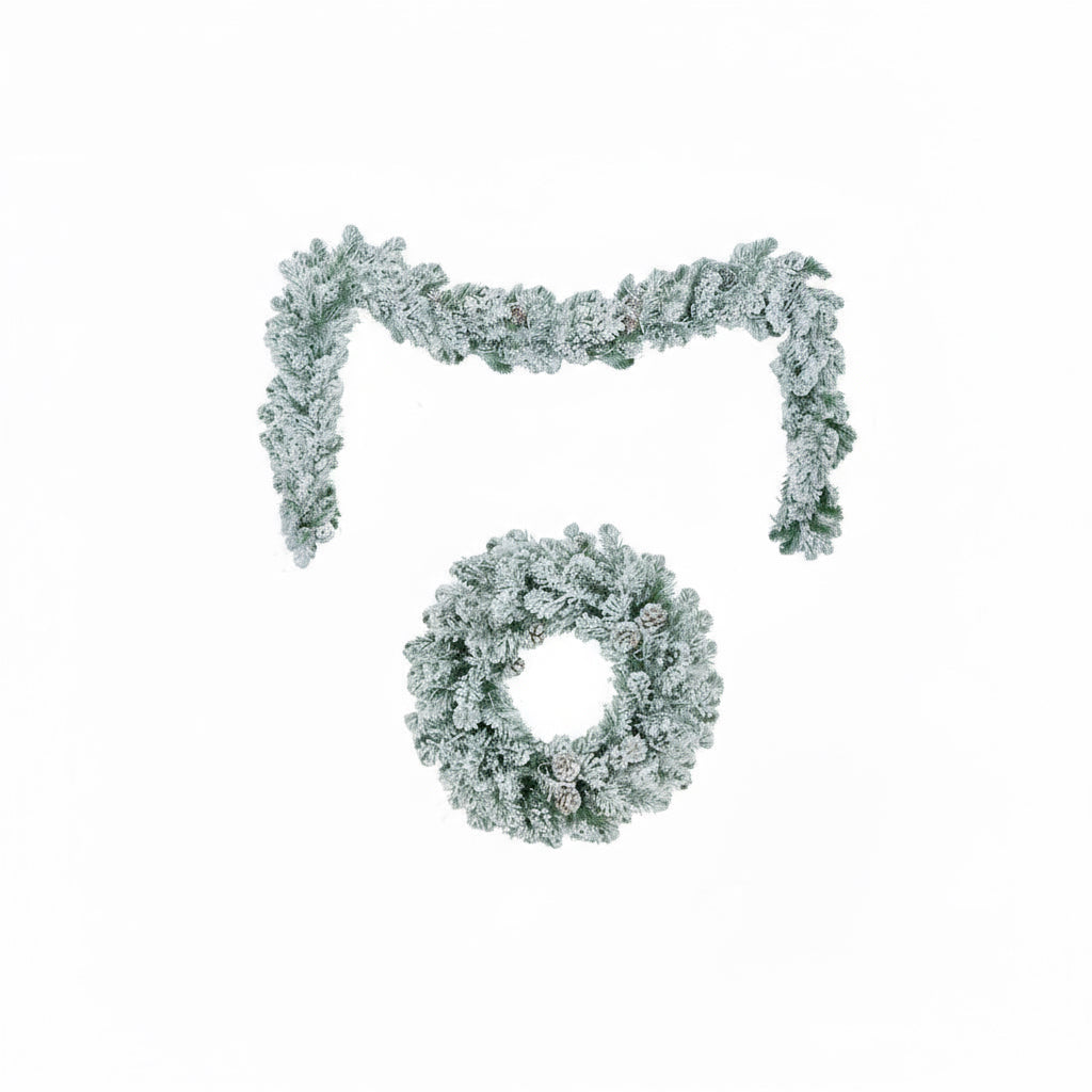 6’ Snow Flocked Christmas Tree With Warm Light, Garland & Wreath, Flame Retardant & Easy Assembled Metal Base