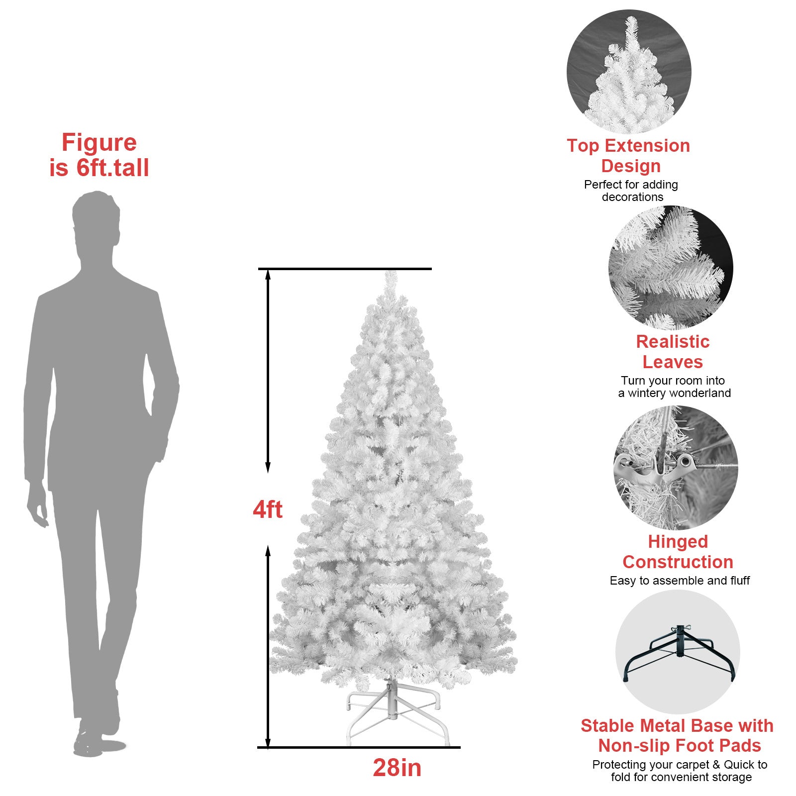 5’ White Christmas Tree With Auto Open, Flame Retardant And Easy Assembled Metal Base