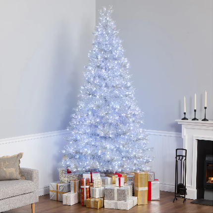8’ Silver Christmas Tree With Clear Lights, Flame Retardant & Easy Assembled Steel Base