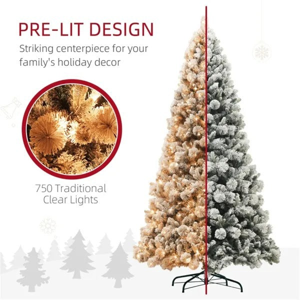 9’ Snow Flocked Christmas Tree With Clear Lights, Flame Retardant & Easy Assembled Steel Base