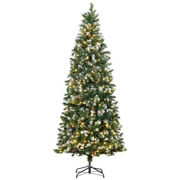 7.5’ Decorated Skinny Prelit Christmas Tree With Snow-dipped Branches, Auto Open & Pinecones