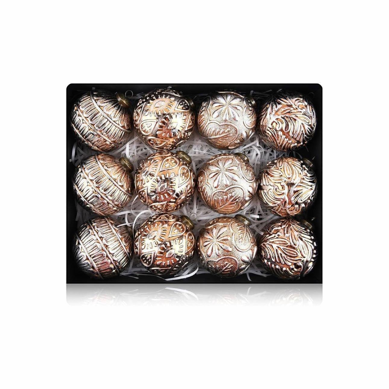 12-Pack: Elegant White & Gold Embossed Designer Christmas Baubles