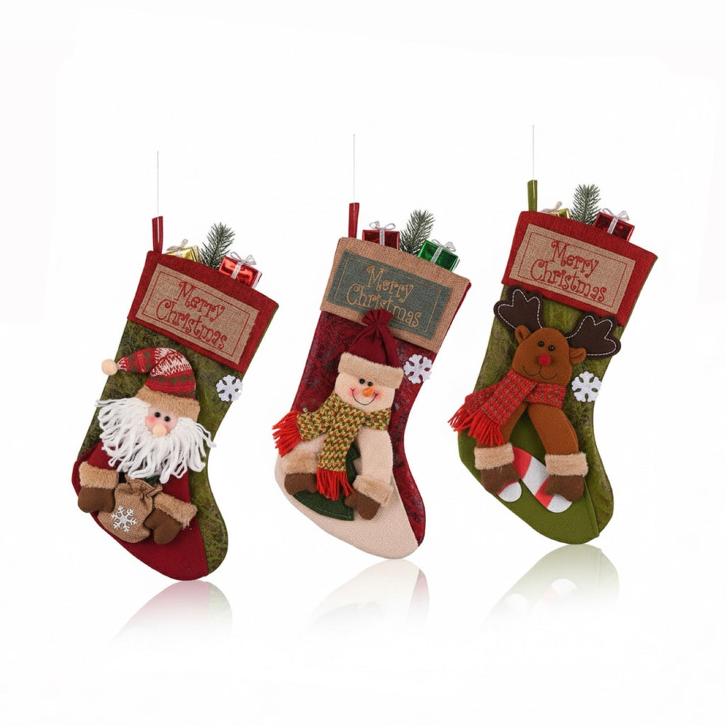 Rustic Embroidered Character Christmas Stockings Candy Bag
