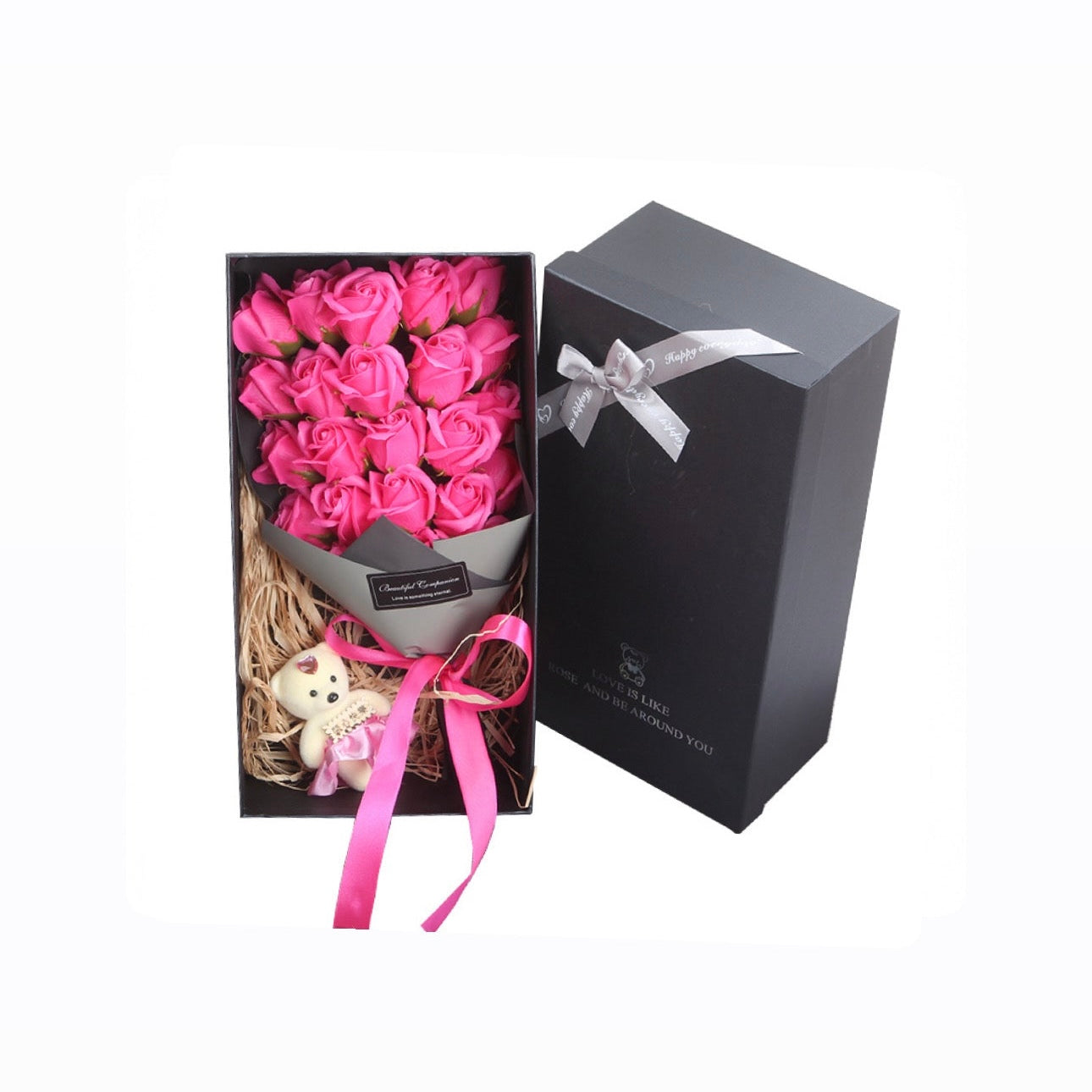 Timeless Romance Rose Soap Flower Gift Box & Bear Gift Set
