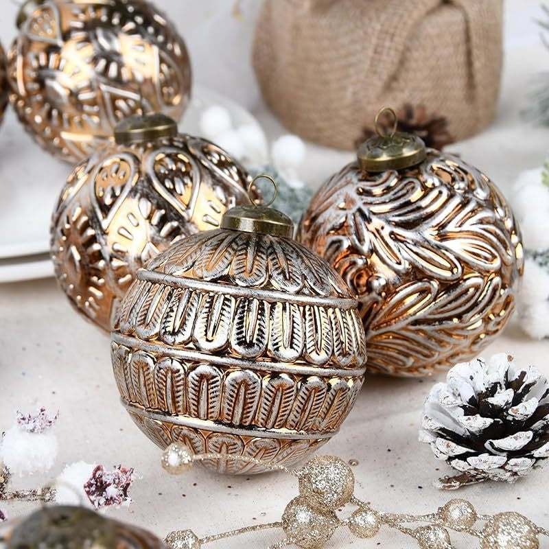12-Pack: Elegant White & Gold Embossed Designer Christmas Baubles