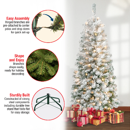 Snow Flocked Christmas Tree With Warm Lights, Flame Retardant & Easy Assembled Metal Base