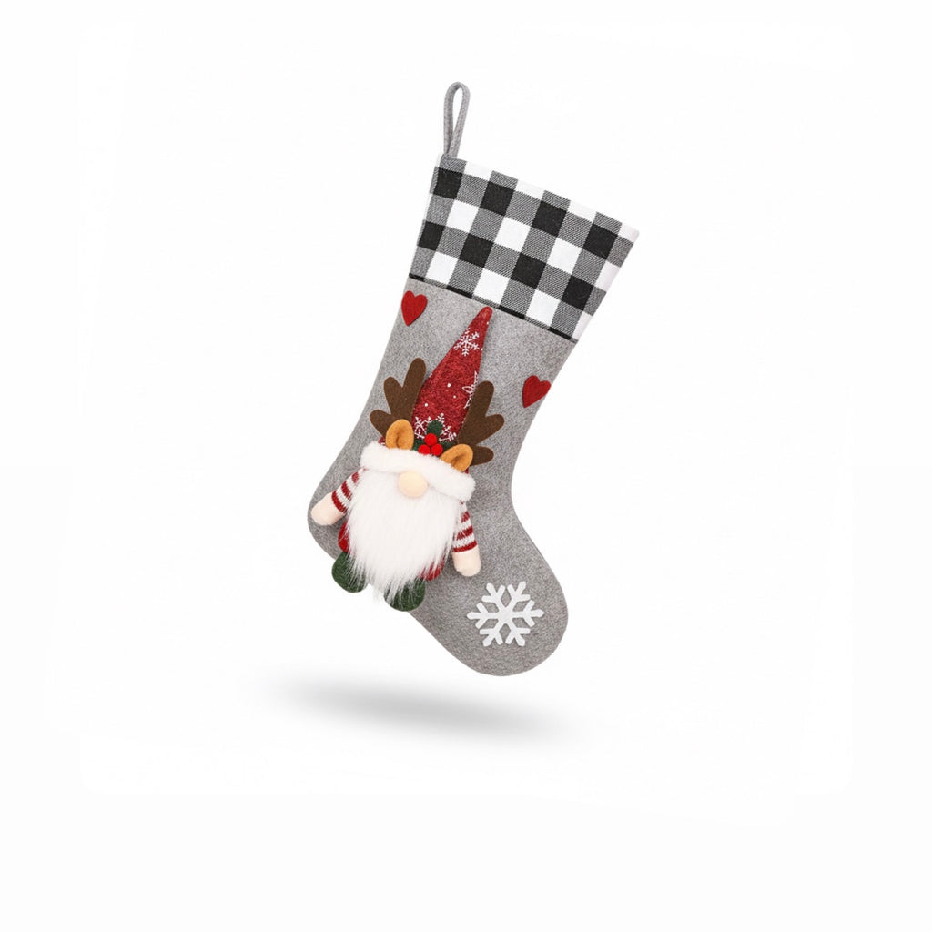 Cozy Plaid Reindeer Gnome Christmas Stocking Candy Bag