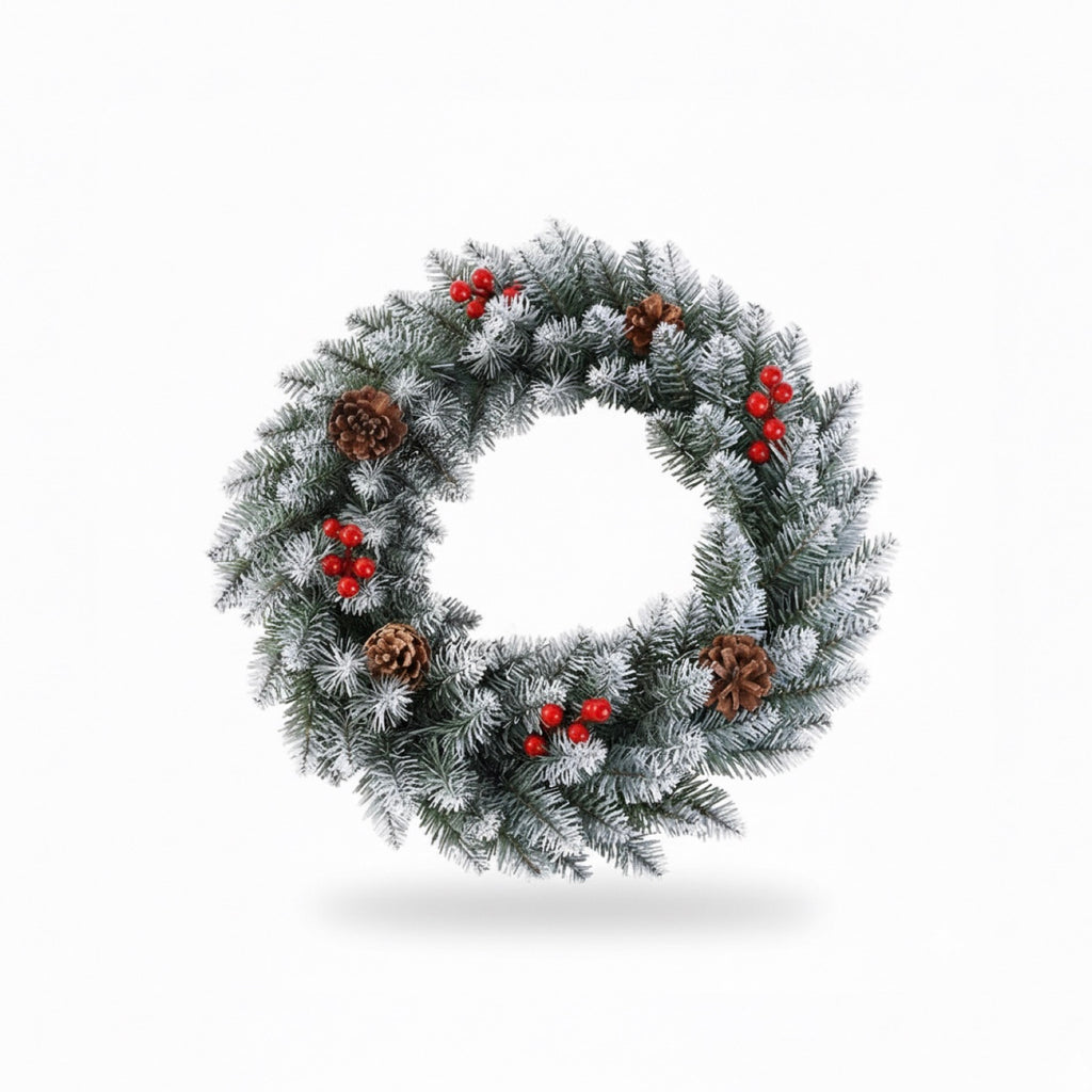 Flocked Winter Pine Wreath with Pinecones and Iced Berries